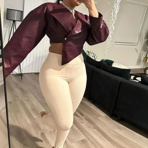 Load image into Gallery viewer, Classic Hipster Crop Jacket Women Irregular Single Buckle Button Faux Leather Autumn Wild Sexy Basic Cross Neck Coat
