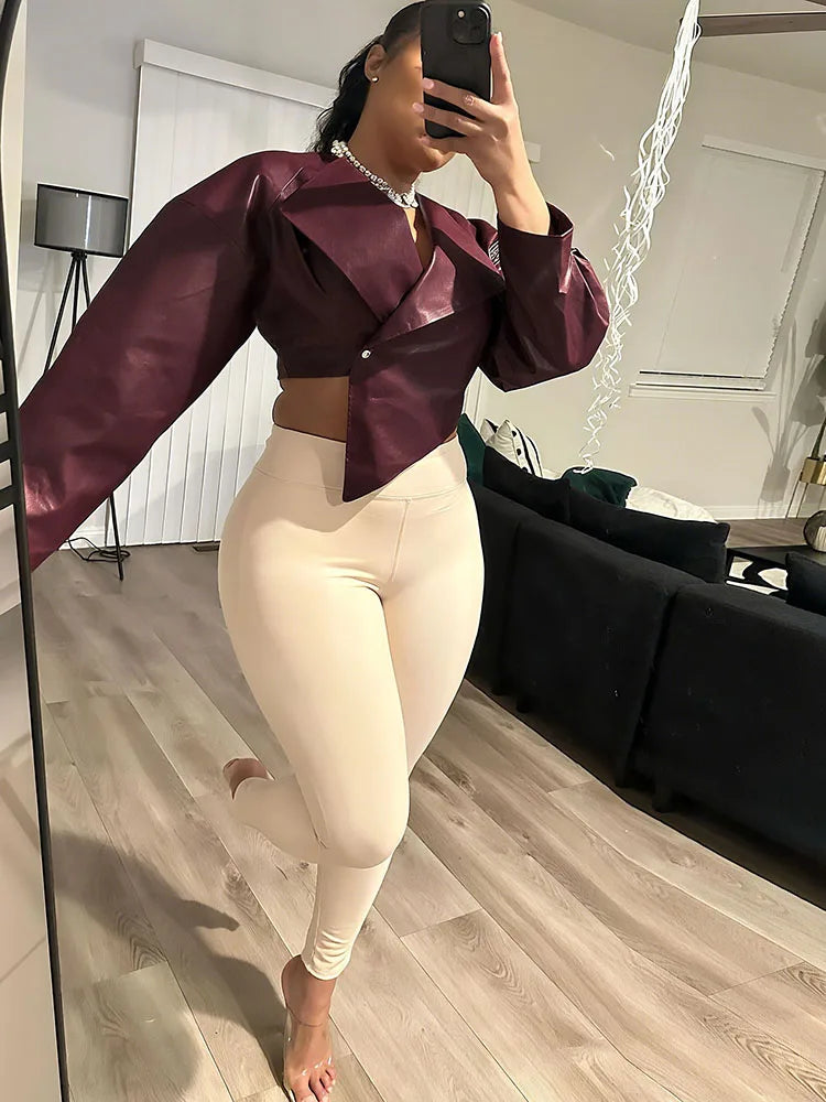 Classic Hipster Crop Jacket Women Irregular Single Buckle Button Faux Leather Autumn Wild Sexy Basic Cross Neck Coat