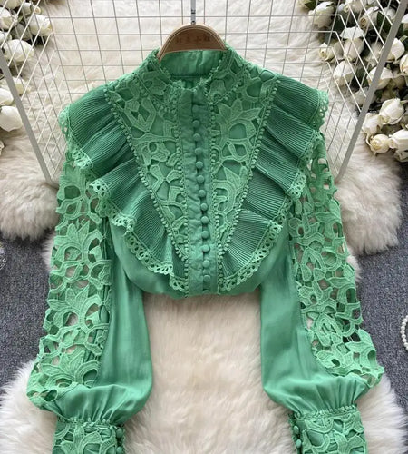 Women's Vintage Sweet Solid Long Sleeved Ruffle Edge Lace Shirt Y2k Korean Fashion Tide Autumn Winter 2023 Hollowed Out Tops New