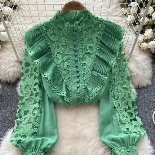 Load image into Gallery viewer, Women's Vintage Sweet Solid Long Sleeved Ruffle Edge Lace Shirt Y2k Korean Fashion Tide Autumn Winter 2023 Hollowed Out Tops New
