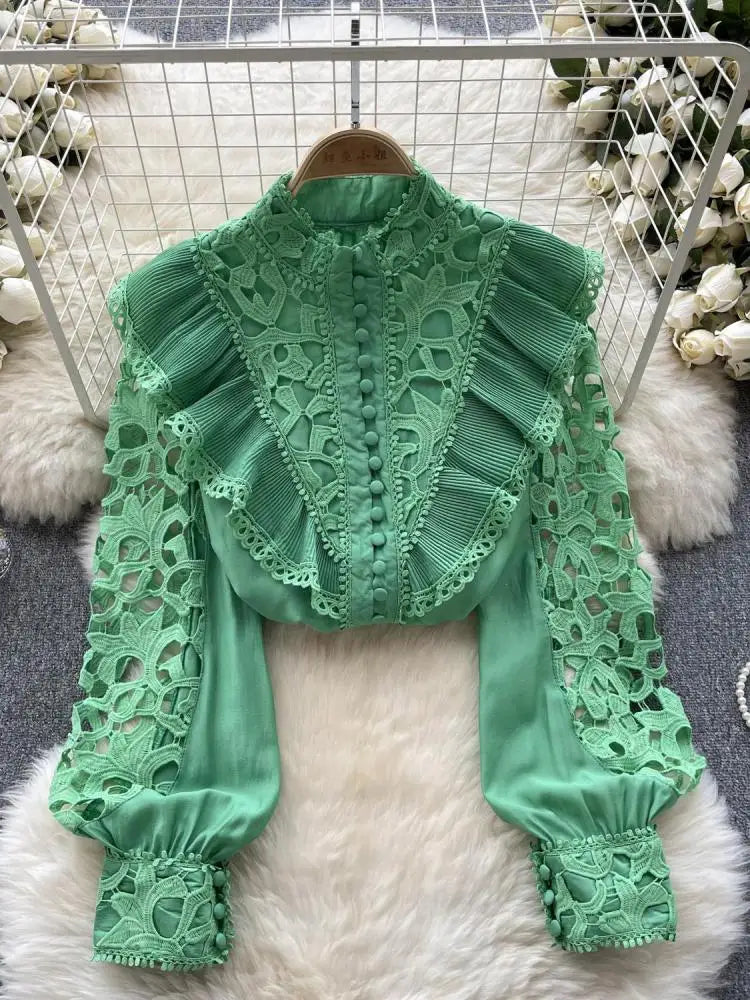 Women's Vintage Sweet Solid Long Sleeved Ruffle Edge Lace Shirt Y2k Korean Fashion Tide Autumn Winter 2023 Hollowed Out Tops New