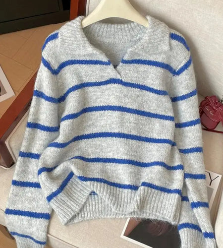 Autumn Winter Grey Blue Striped Patchwork Long Sleeves Sweater Korean Fashion Women's Short Knitted Tops Casual Versatile Trendy