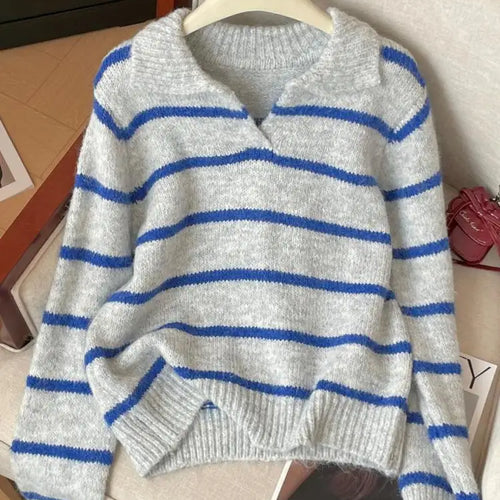 Load image into Gallery viewer, Autumn Winter Grey Blue Striped Patchwork Long Sleeves Sweater Korean Fashion Women's Short Knitted Tops Casual Versatile Trendy
