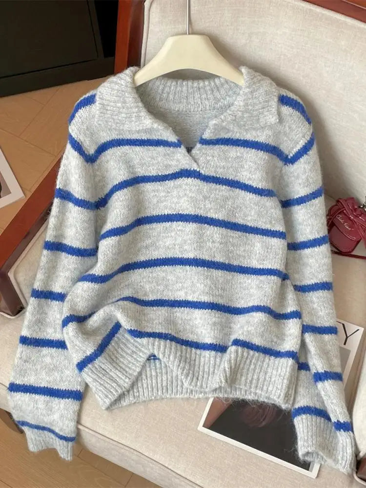 Autumn Winter Grey Blue Striped Patchwork Long Sleeves Sweater Korean Fashion Women's Short Knitted Tops Casual Versatile Trendy