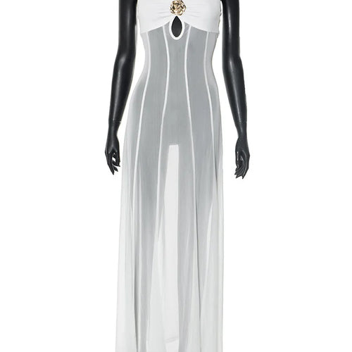 Load image into Gallery viewer, See Through Spaghetti Strap Sexy Maxi Dress For Women Gown Summer New Metal Buckle Sleeveless Backless Beach Long Dress
