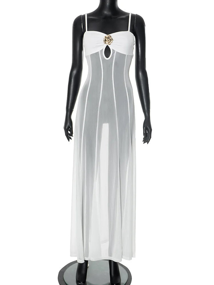 See Through Spaghetti Strap Sexy Maxi Dress For Women Gown Summer New Metal Buckle Sleeveless Backless Beach Long Dress