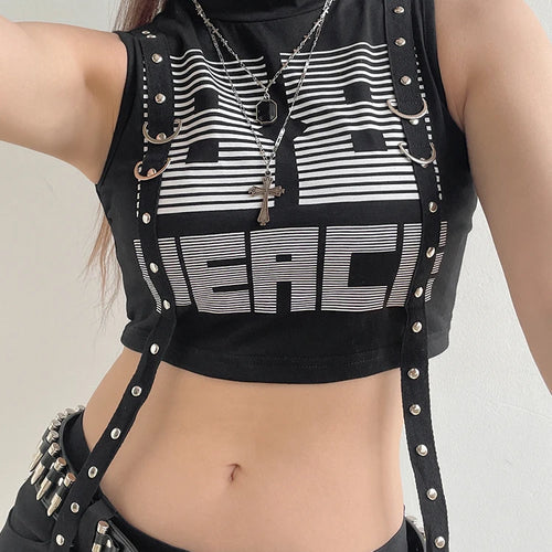 Load image into Gallery viewer, Harajuku Gothic Letter High Neck Crop Top Women Letter Ribbon Rivet Bodycon Vest Short 90s Streetwear Summer Clothes
