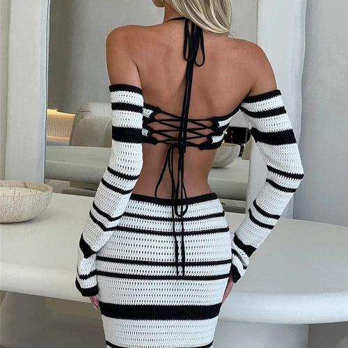 Load image into Gallery viewer, Striped Knit Skirt Two Piece Sets Women Strapless Long Sleeve Crop Tops And Maxi Skirt Sexy Two Piece Sets Knitwear
