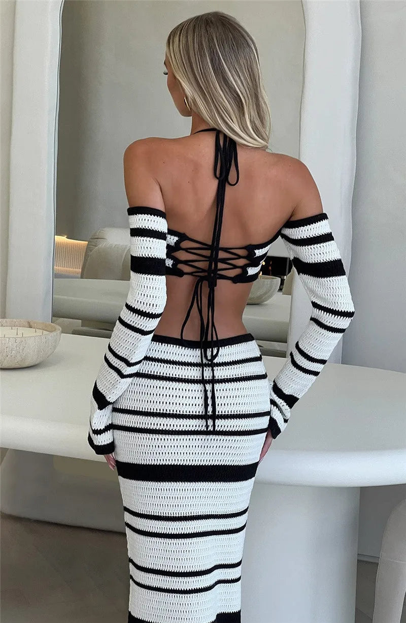 Striped Knit Skirt Two Piece Sets Women Strapless Long Sleeve Crop Tops And Maxi Skirt Sexy Two Piece Sets Knitwear