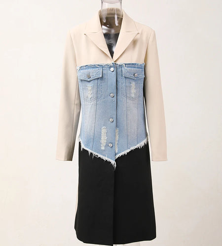 Women Beige Denim Color-block Long Elegant Blazer New Lapel Long Sleeve Jacket Fashion Tide Spring Autumn 2025 CPDB132