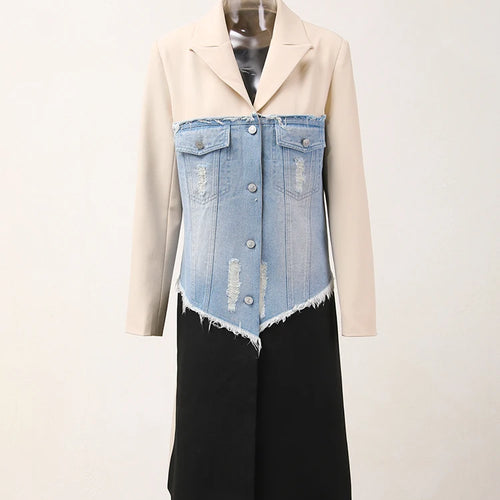 Load image into Gallery viewer, Women Beige Denim Color-block Long Elegant Blazer New Lapel Long Sleeve Jacket Fashion Tide Spring Autumn 2025 CPDB132
