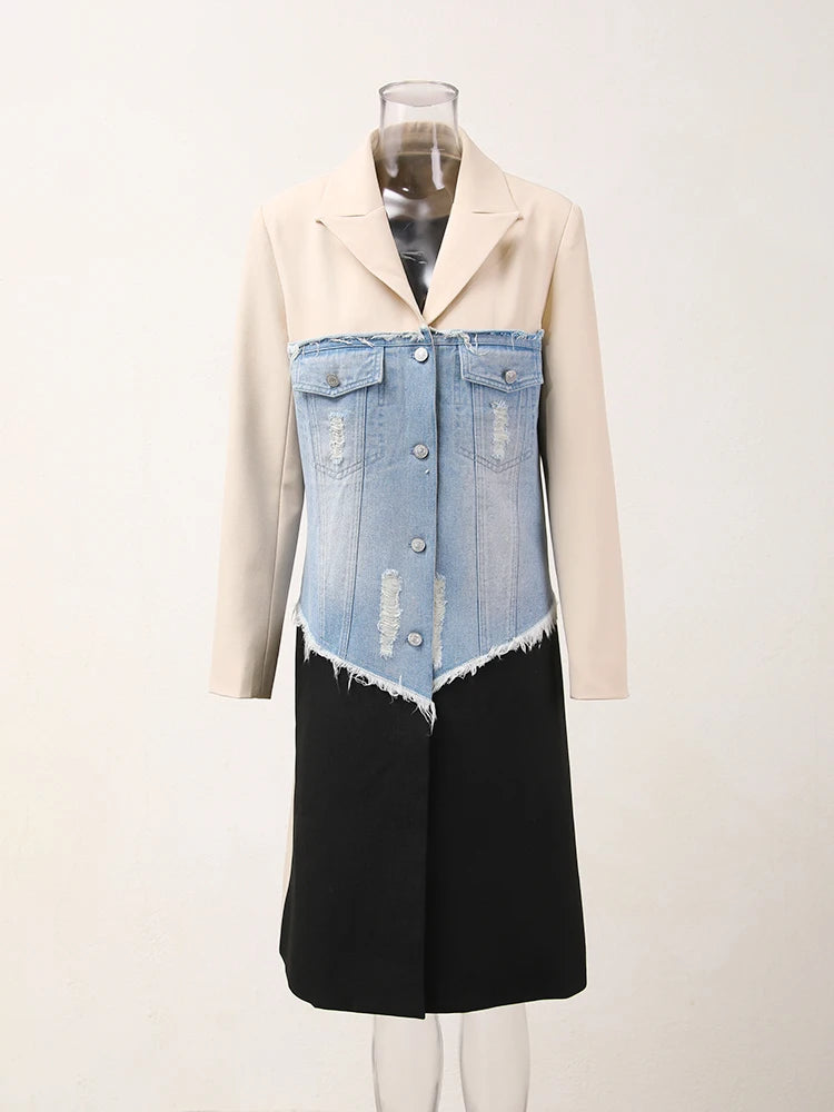 Women Beige Denim Color-block Long Elegant Blazer New Lapel Long Sleeve Jacket Fashion Tide Spring Autumn 2025 CPDB132