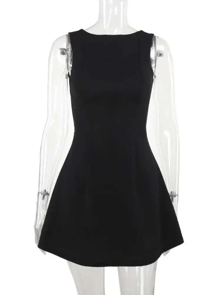 Elegant Backless Mini Tank Dress For Women Fashion Black O Neck Sleeveless Club Party A-line Basics Sexy Dress New
