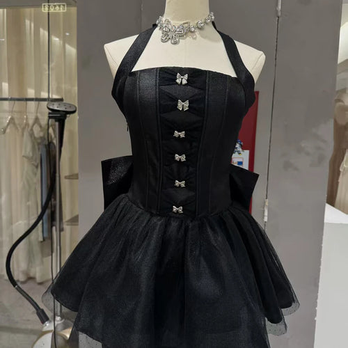 Load image into Gallery viewer, Solid Spliced Bowknot Elegant Mini Dresses for Women Square Neck Sleeveless Patchwork Folds Fashion Dress Female
