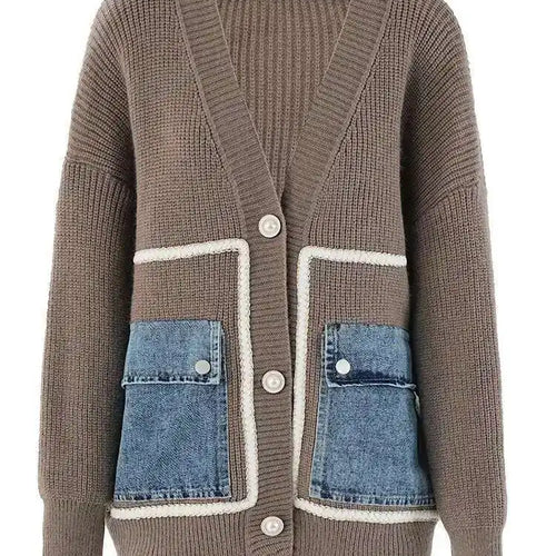 Load image into Gallery viewer, Brown Denim Pocket Big Size Knitting Cardigan Sweater V-Neck Long Sleeve Women New Fashion Tide Spring Autumn 2025 CPG1987
