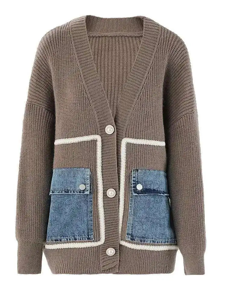 Brown Denim Pocket Big Size Knitting Cardigan Sweater V-Neck Long Sleeve Women New Fashion Tide Spring Autumn 2025 CPG1987
