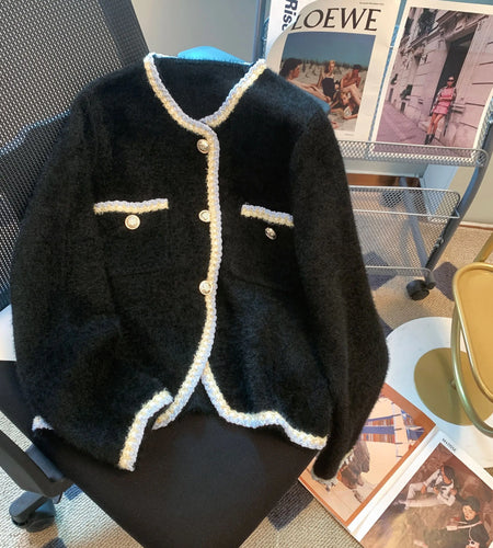 Autumn Winter French Black White Patchwork Knitted Cardigan Tops Women V Neck Single Breasted Long Sleeve Imitation Mink Sweater