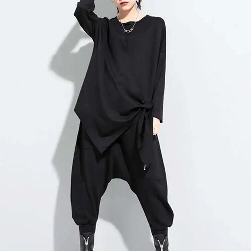 Load image into Gallery viewer, Women Black Bandage Bow Irregular Big Size T-shirt New Round Neck Long Sleeve  Fashion Tide  Spring Autumn 2025 1DC671
