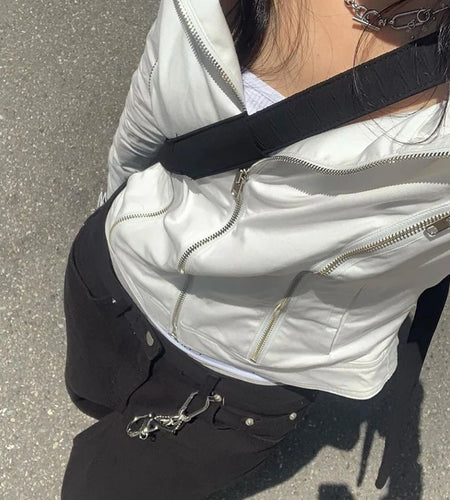 Casual White Basic Zipper Spring Autumn Women Jacket Coat Streetwear Korean Style Turn-Down Collar Jackets Outerwear