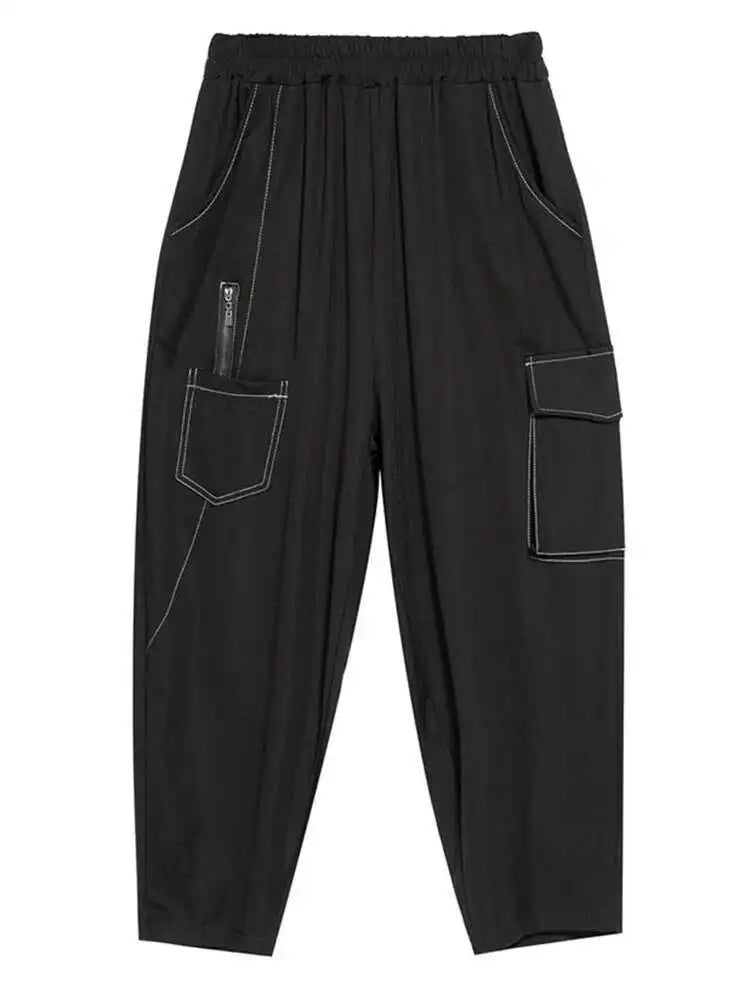 High Elastic Waist Black Color-block Long Harem Pants New Loose Fit Trousers Women Fashion Tide Spring Summer 2025 1DF8821