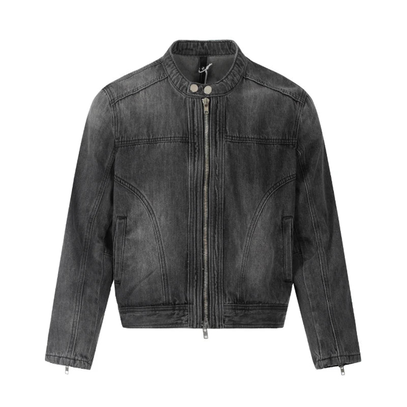Men's Denim Jakects Collarless Design Washed Streetwear Worn-out Niche Motorcycle Zipper Trendy Male Clothing New 9W1830