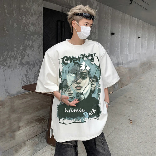 Load image into Gallery viewer, American Style Men&#39;s T-shirts Shoulder Pads Cartoon Printing Tops Round Collar Short Sleeve Male Tees Tide 9C6871
