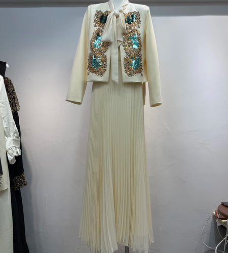 Hit Color Two Piece Set O Neck Long Sleeve Coat Lace Up Sleeveless High Waist Temperament Long Dress Sets Female