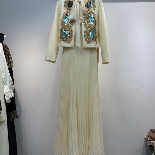 Load image into Gallery viewer, Hit Color Two Piece Set O Neck Long Sleeve Coat Lace Up Sleeveless High Waist Temperament Long Dress Sets Female
