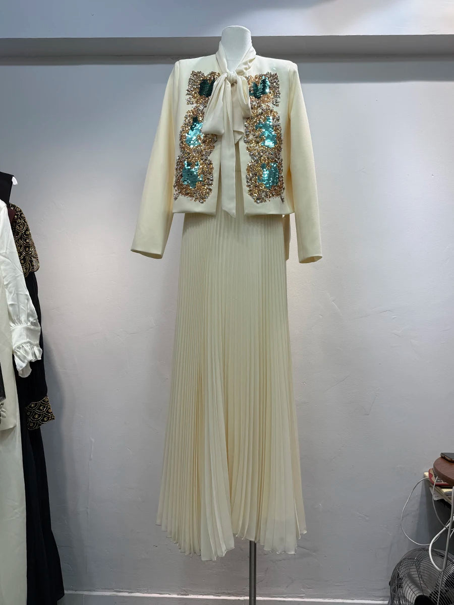 Hit Color Two Piece Set O Neck Long Sleeve Coat Lace Up Sleeveless High Waist Temperament Long Dress Sets Female