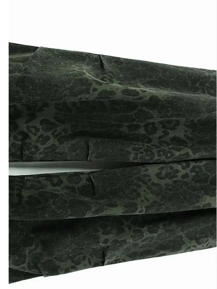 High Elastic Waist Green Leopard Print Denim Long Wide Leg Pants New Trousers Women Fashion Spring Autumn 2025 1DH6193