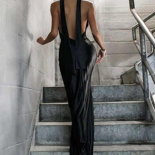 Load image into Gallery viewer, Elegant Hanging Collar Bodycon Party Club Evening Dress Women 2025 New Sexy Deep V Backless Ribbon Split Female Vestidos
