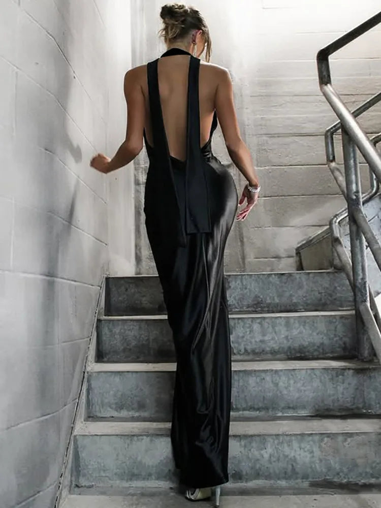 Elegant Hanging Collar Bodycon Party Club Evening Dress Women 2025 New Sexy Deep V Backless Ribbon Split Female Vestidos