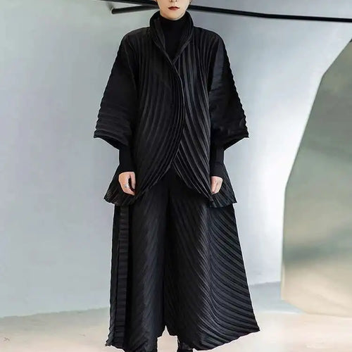 Load image into Gallery viewer, Wide Leg Pants Pleated Two Piece Suit New Turtleneck Long Sleeve Black Loose Fit Women Fashion Spring Autumn 2025 1DE3064
