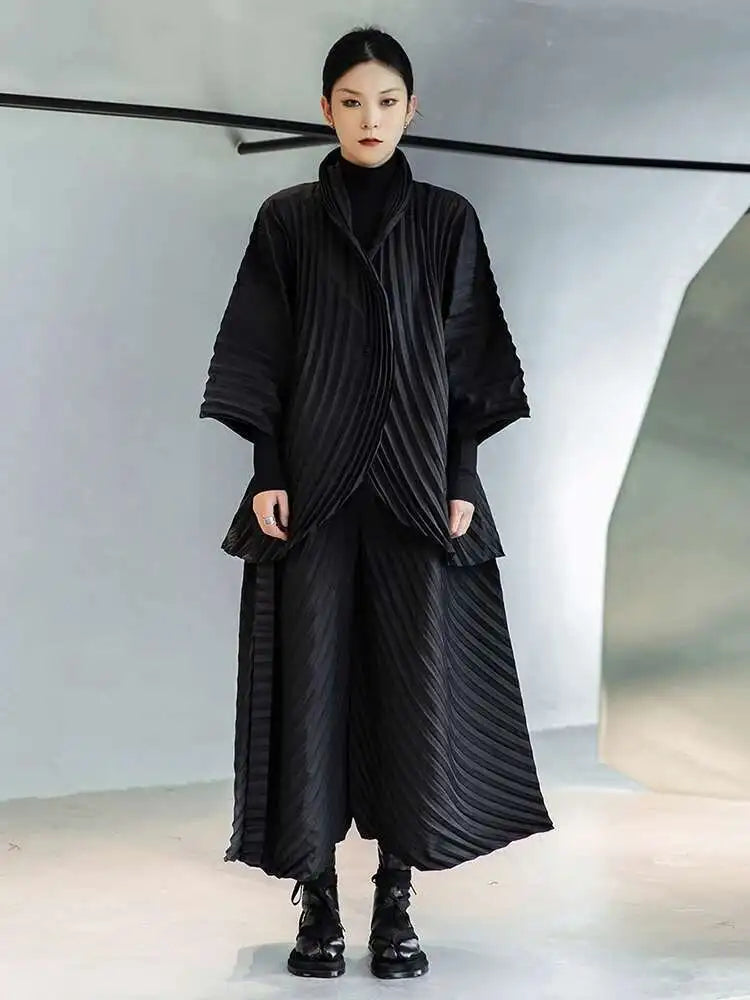 Wide Leg Pants Pleated Two Piece Suit New Turtleneck Long Sleeve Black Loose Fit Women Fashion Spring Autumn 2025 1DE3064