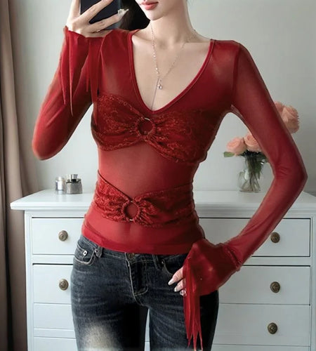 Fairy Coquette Top y2k Clothes Women Sheer See Through V Neck Flared Long Sleeve Lace T Shirt 2000s Clothing Streetwear