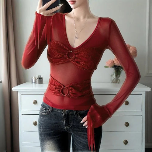 Load image into Gallery viewer, Fairy Coquette Top y2k Clothes Women Sheer See Through V Neck Flared Long Sleeve Lace T Shirt 2000s Clothing Streetwear
