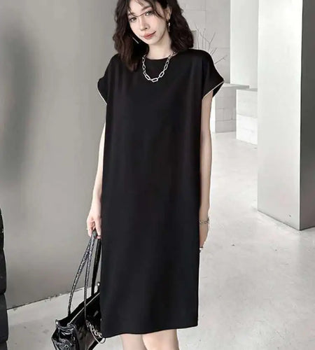 Women Black Zipper Big Size Casual Dress New Round Neck Short Sleeve Loose Fit Fashion Tide Spring Summer 2025 1DF7865