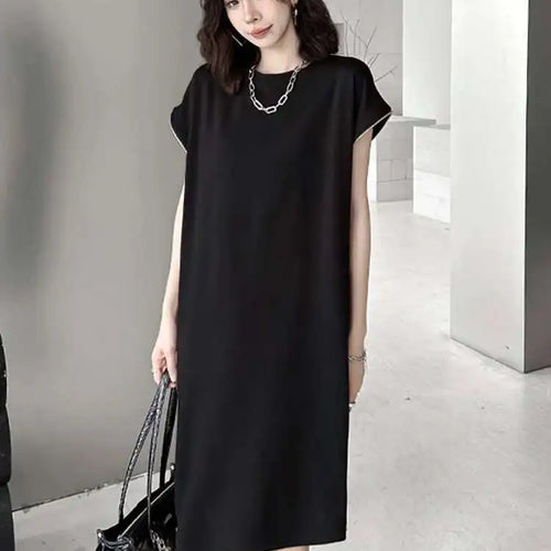 Load image into Gallery viewer, Women Black Zipper Big Size Casual Dress New Round Neck Short Sleeve Loose Fit Fashion Tide Spring Summer 2025 1DF7865
