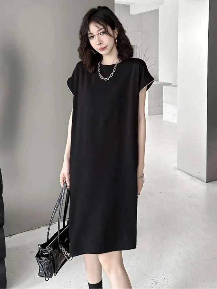 Women Black Zipper Big Size Casual Dress New Round Neck Short Sleeve Loose Fit Fashion Tide Spring Summer 2025 1DF7865