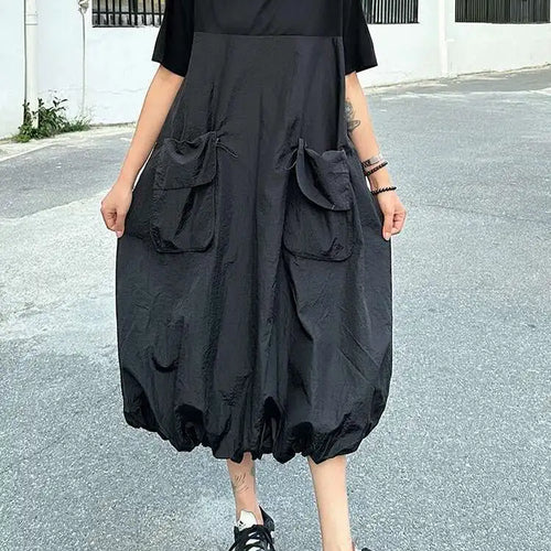 Load image into Gallery viewer, Women Black Drawstring Pocket Big Size Midi Dress New Round Neck Shhort Sleeve Fashion Tide Spring Summer 2025 1DJ0773

