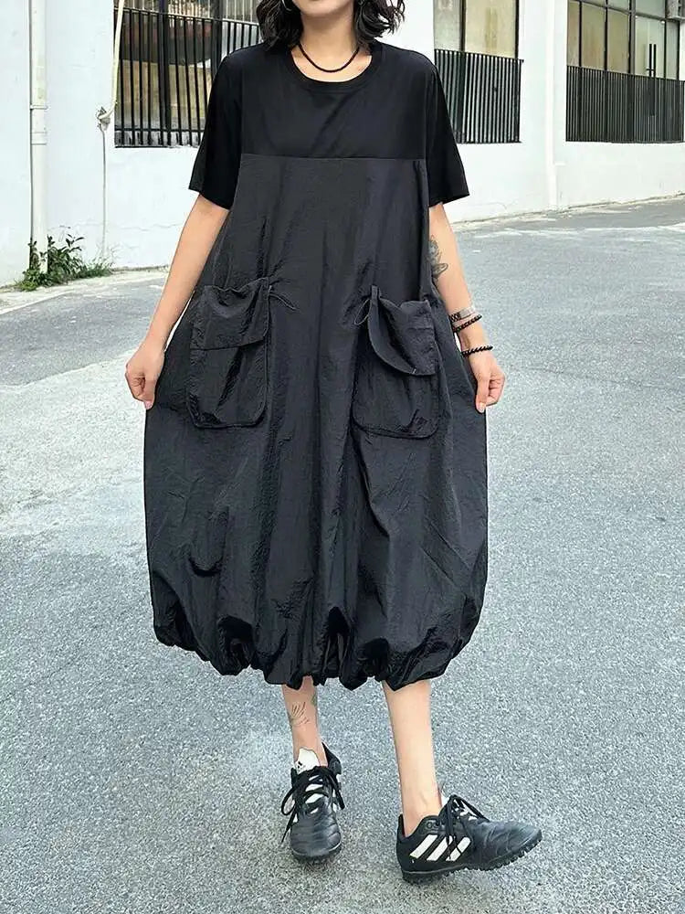 Women Black Drawstring Pocket Big Size Midi Dress New Round Neck Shhort Sleeve Fashion Tide Spring Summer 2025 1DJ0773