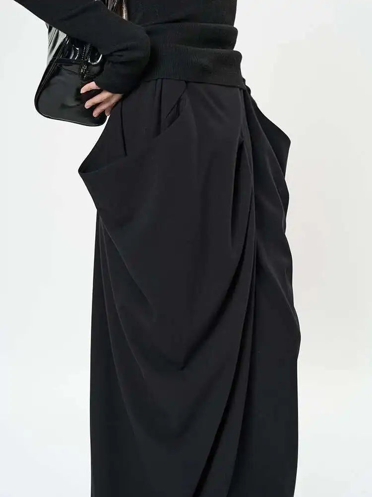 High Waist Black Pleated Shaped Irregular Elegant Long Half-body Skirt Women Fashion Tide New Spring Autumn 2025 1DH9092