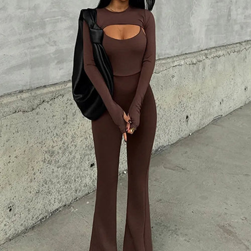 Load image into Gallery viewer, Fashion Stretch Tight Long Sleeve Top Strap Jumpsuit Set For Women Sexy Hollow Out Slim Two Piece Set Winter New2025 Set
