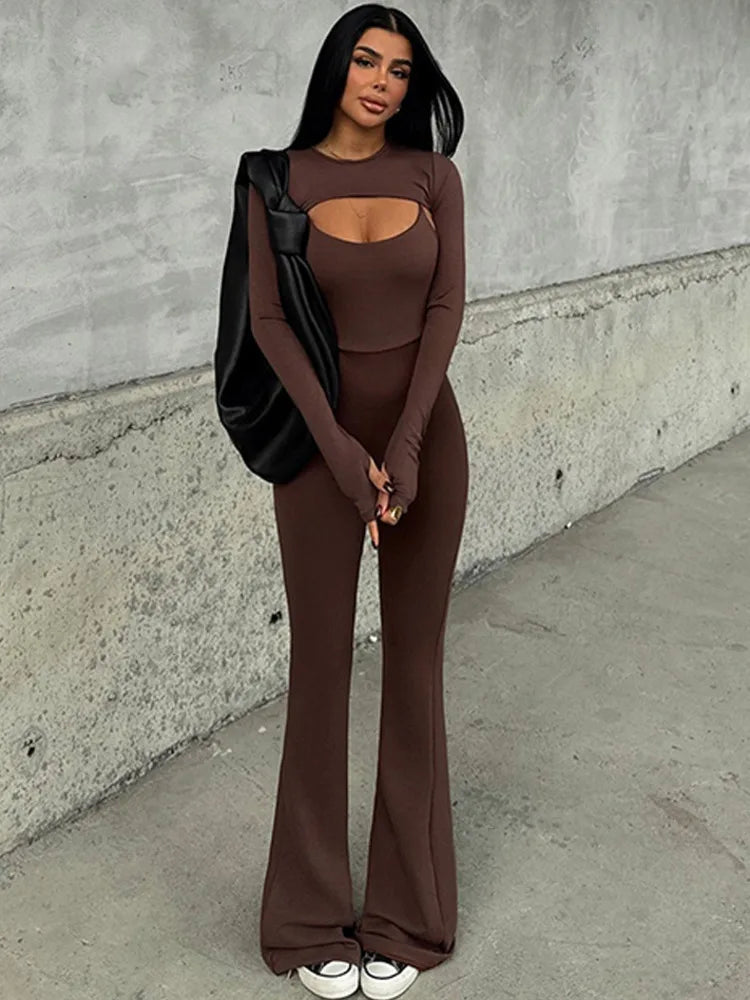 Fashion Stretch Tight Long Sleeve Top Strap Jumpsuit Set For Women Sexy Hollow Out Slim Two Piece Set Winter New2025 Set