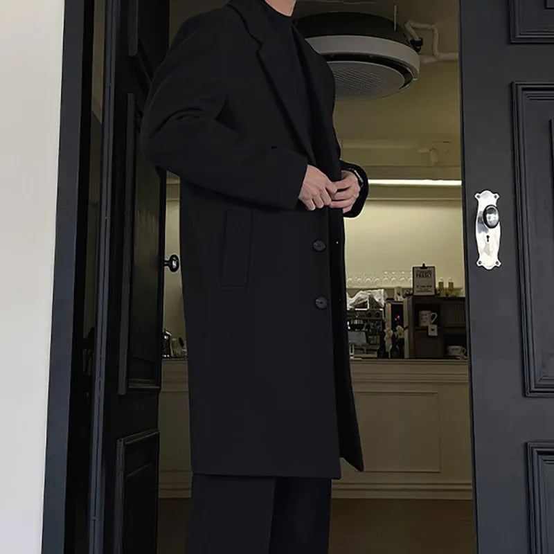 Korean Style Men's Woolen Coats Lapel Design Solid Color Trendy Casual Single Breasted Male Loose Spring Tops 9W1849