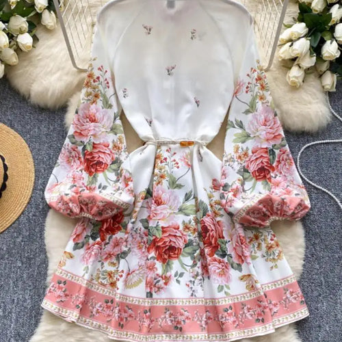 Load image into Gallery viewer, Autumn New Women Fashion White Floral Long Sleeved Lace-up Prom Dress Elegant Single Breasted Princess Pleated Short Dress Boho
