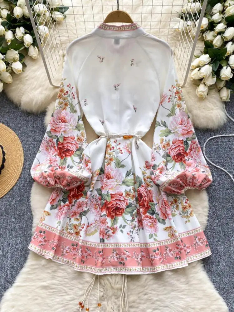 Autumn New Women Fashion White Floral Long Sleeved Lace-up Prom Dress Elegant Single Breasted Princess Pleated Short Dress Boho