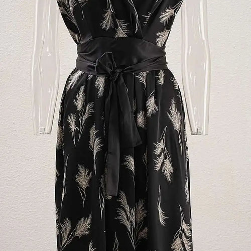 Load image into Gallery viewer, Women Beige Striped Printed Belted Elegant Midi Dress New V-Neck Sleeveless Fashion Tide Spring Summer 2025 CPG1504
