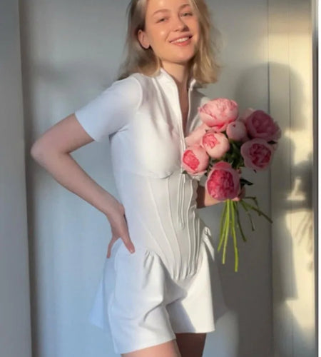 Sexy Tight Fitting Short Skirt Playsuit Women Summer New Short Sleeved Zippered Bottom Shirt Elastic Casual Rompers 2024