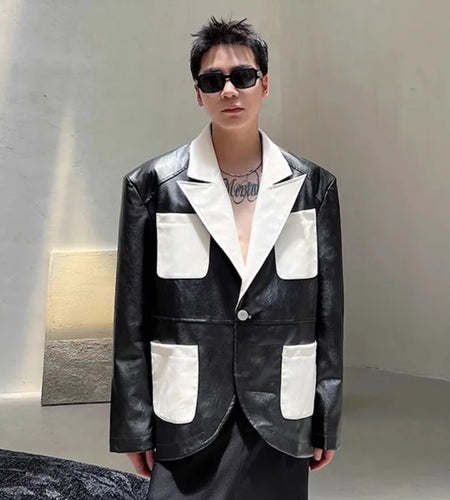 Patchwork Men's Jacket New Spring Design PU Leather Stylish Jacket Contrast Color Multi Pockets Male Clothing 9W1519